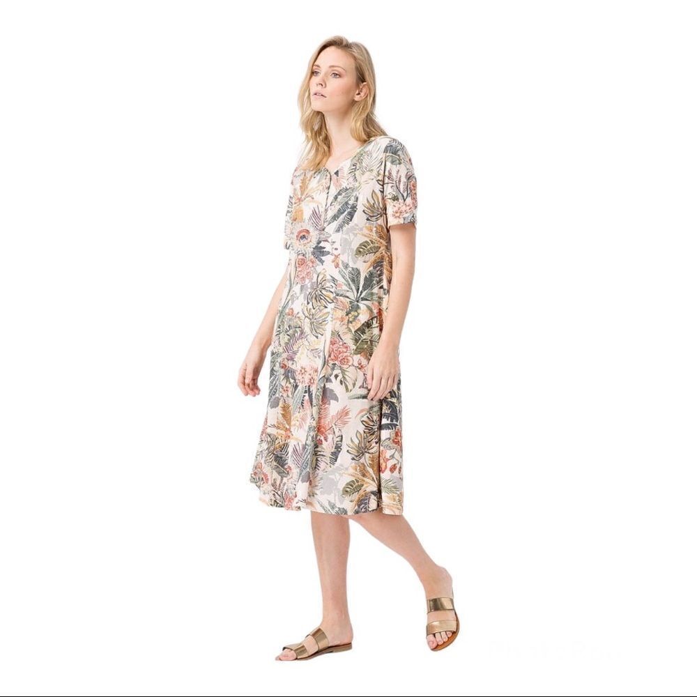 Peter Hahn Floral Cotton Fit Flare Midi Dress Cream Green US 8 NWT